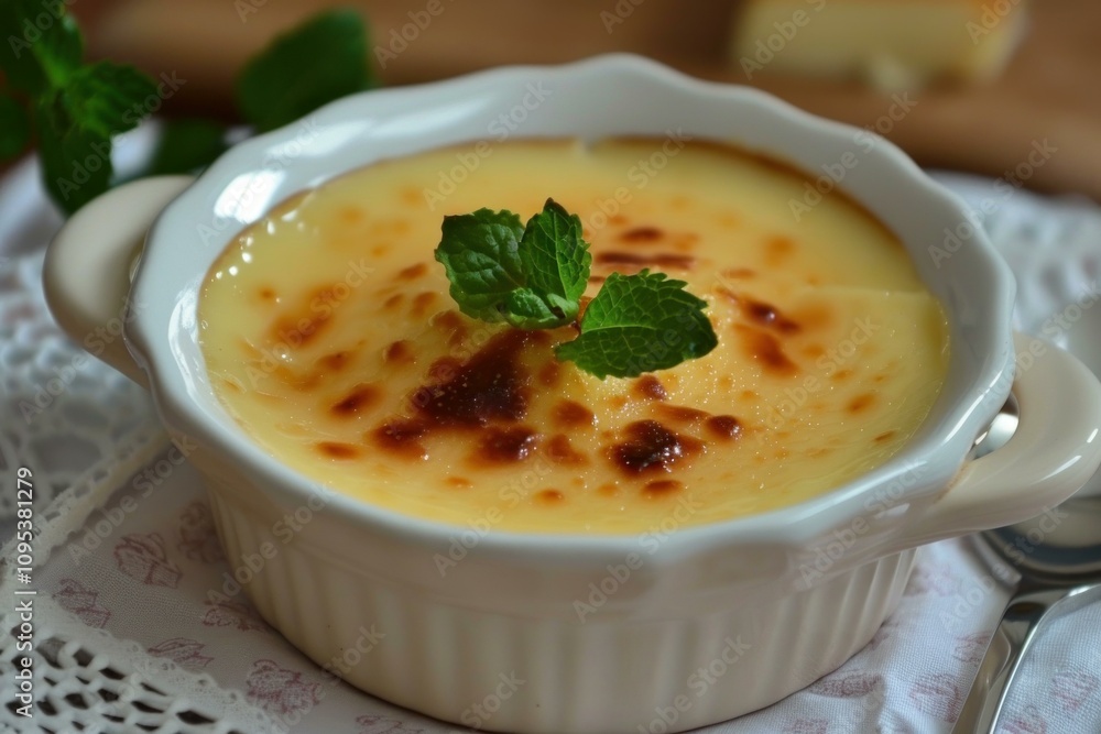Delicious creme brulee with caramelized sugar crust, decorated with fresh mint leaves, served in a white ceramic ramekin Delicious creme brulee with caramelized sugar crust, decorated with fresh mint leaves, served in a white ceramic ramekin