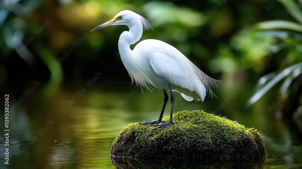 Fototapeta Graceful White Heron Standing on a Lush Green Mossy Rock