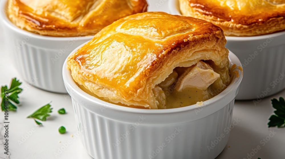 Delicious chicken pot pies in individual ramekins, featuring golden, flaky crusts and hearty filling. Delicious chicken pot pies in individual ramekins, featuring golden, flaky crusts and hearty filling.