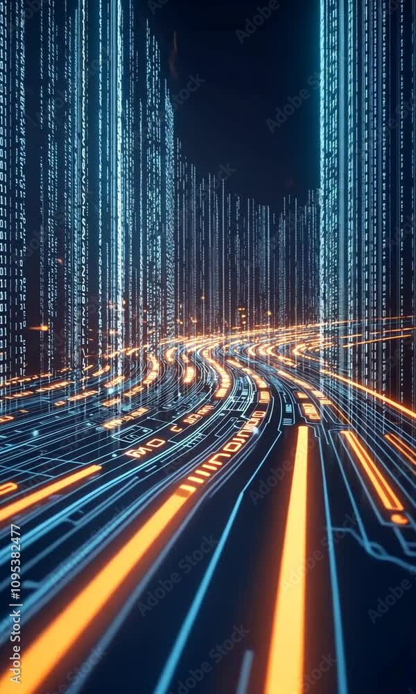 Futuristic Cityscape with Glowing Lines and Data Streams in a Dark ...