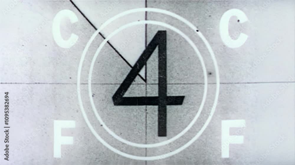 Vintage film countdown leader with number 8-2, aged textures, defocused film look, flicker, grain and scratches effect, classic reel markings for retro video overlays, 4K