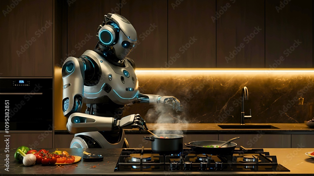 Smart Cooking Robot Stirring Ingredients on Gas Stove. Robotic Future Technology Advancement Smart Cooking Robot Stirring Ingredients on Gas Stove. Robotic Future Technology Advancement