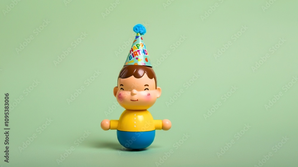 Adorable Toy Figure with Birthday Hat on a Pastel Green Background Adorable Toy Figure with Birthday Hat on a Pastel Green Background