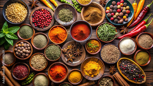 A rich collection of spices displayed in wooden bowls features various colors and textures. Herbs and dried chilies fill the background, creating a visually appealing culinary composition