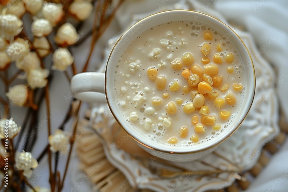 Sweet corn kernels dessert with creamy rice pudding in a mug, offering a delightful and comforting treat Sweet corn kernels dessert with creamy rice pudding in a mug, offering a delightful and comforting treat