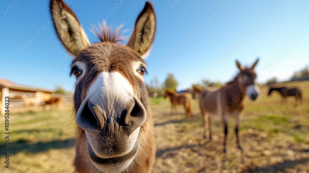 Obraz premium The image captures the wide-eyed expression of a donkey looking directly at the camera, with other donkeys scattered in a sunny, rural pasture setting.