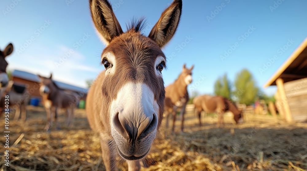 The close view of a donkey's face captures its curious nature amidst a backdrop of other donkeys grazing, showcasing life on a farm in a rural setting. The close view of a donkey's face captures its curious nature amidst a backdrop of other donkeys grazing, showcasing life on a farm in a rural setting.