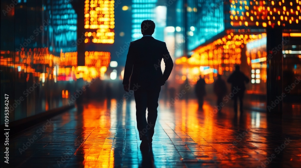 Man Walking Through Vibrant City Night Lights Man Walking Through Vibrant City Night Lights