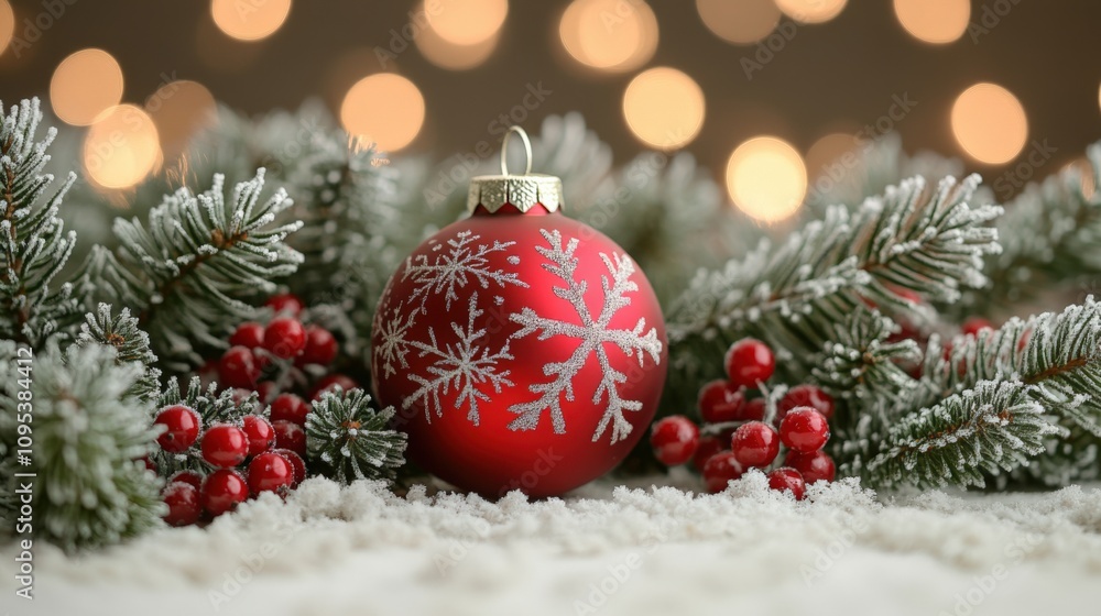Festive Red Christmas Ornament Surrounded by Snowy Pine and Berries Festive Red Christmas Ornament Surrounded by Snowy Pine and Berries