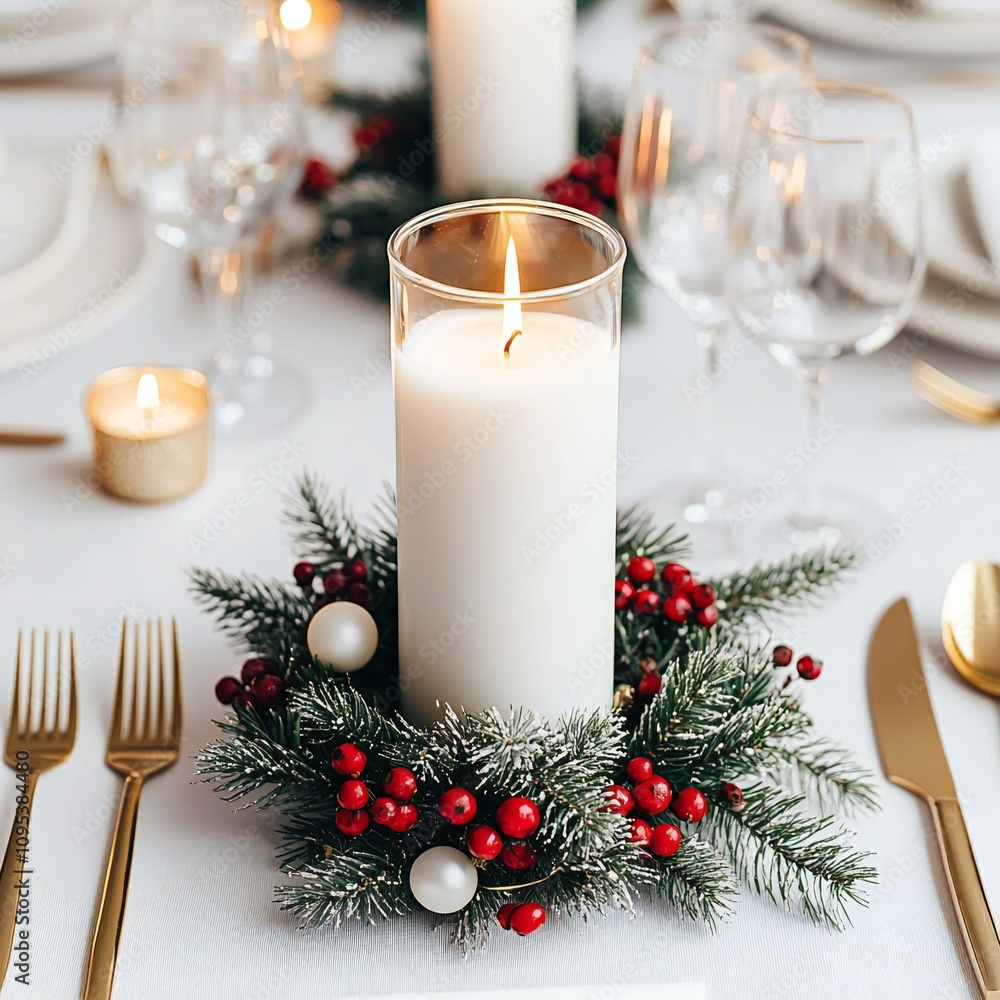 Festive Christmas Table Setting with Candle Wreath Gold Cutlery Festive Christmas Table Setting with Candle Wreath Gold Cutlery
