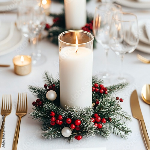 Festive Christmas Table Setting with Candle Wreath Gold Cutlery