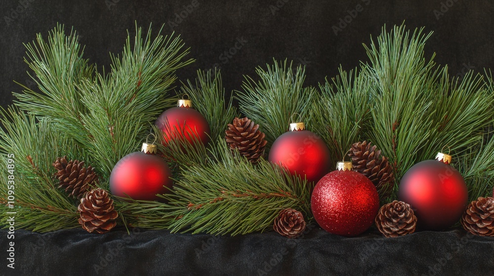 Festive Holiday Arrangement with Red Ornaments and Pine Cones Festive Holiday Arrangement with Red Ornaments and Pine Cones