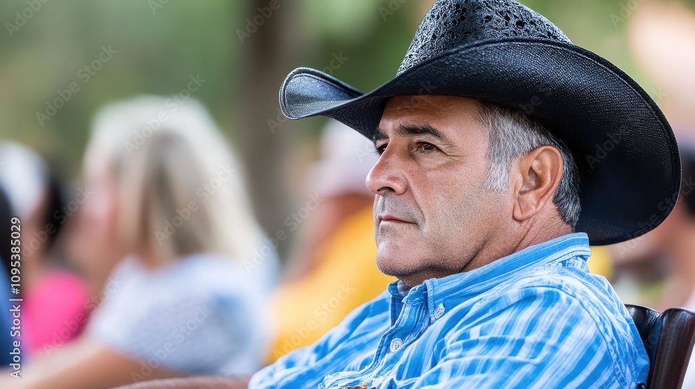 A middle-aged man wearing a black cowboy hat and striped shirt, sitting outdoors in thoughtful contemplation, surrounded by an out-of-focus background. A middle-aged man wearing a black cowboy hat and striped shirt, sitting outdoors in thoughtful contemplation, surrounded by an out-of-focus background.