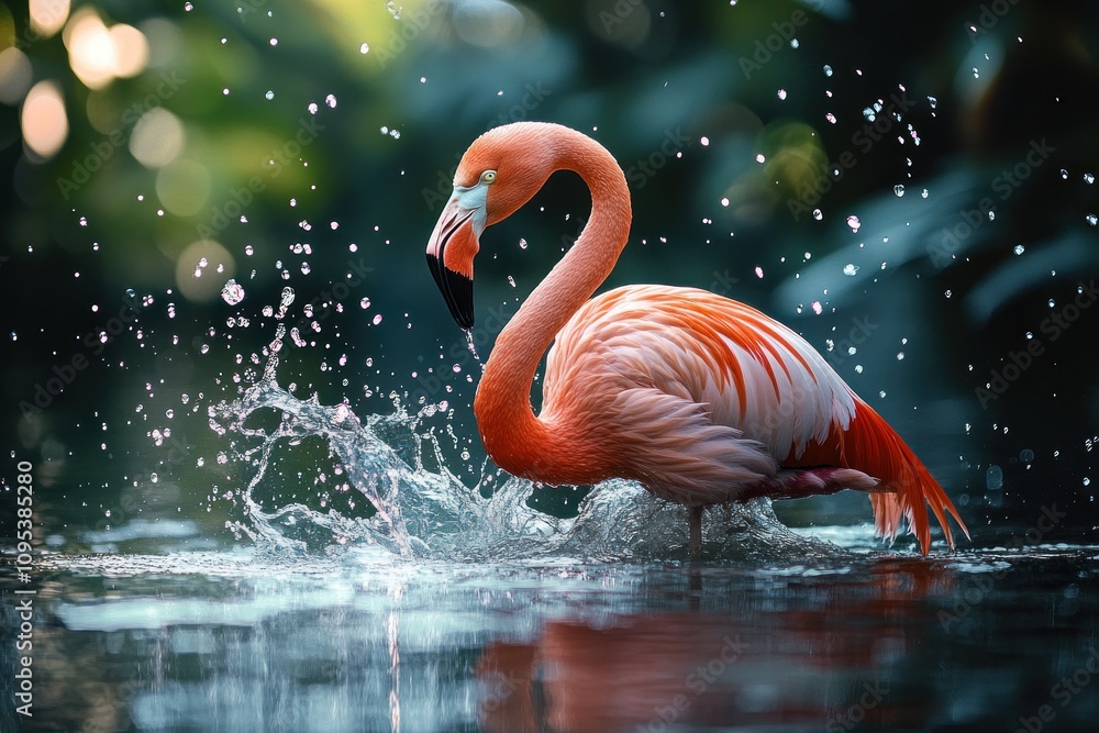 Fototapeta premium A pink flamingo stands in a shallow body of water with water splashing around it. The flamingo's reflection is visible in the water.