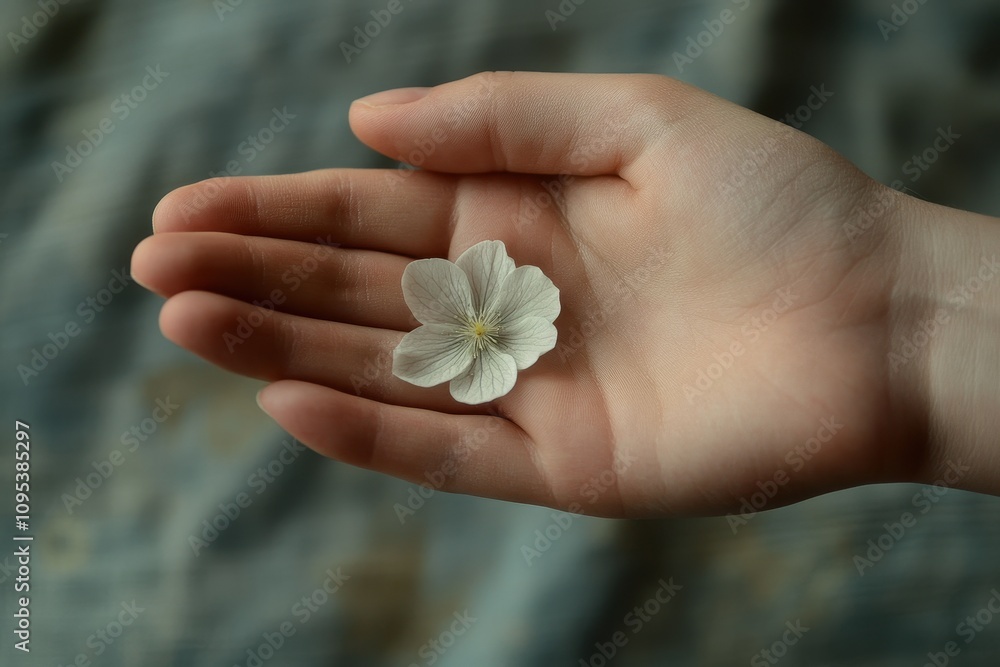 Delicate white flower resting on an open hand with soft background texture in tranquil setting Delicate white flower resting on an open hand with soft background texture in tranquil setting