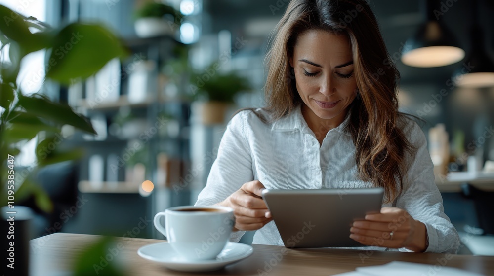 A woman attentively reads her tablet in a cozy setting with a warm beverage nearby, expressing relaxation and engagement in a stylish, plant-filled interior. A woman attentively reads her tablet in a cozy setting with a warm beverage nearby, expressing relaxation and engagement in a stylish, plant-filled interior.