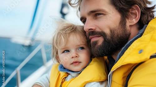 A father and his child embrace a sailing adventure, wearing matching yellow outfits. The scene reflects joy, security, and a shared love for the sea and exploration. photo