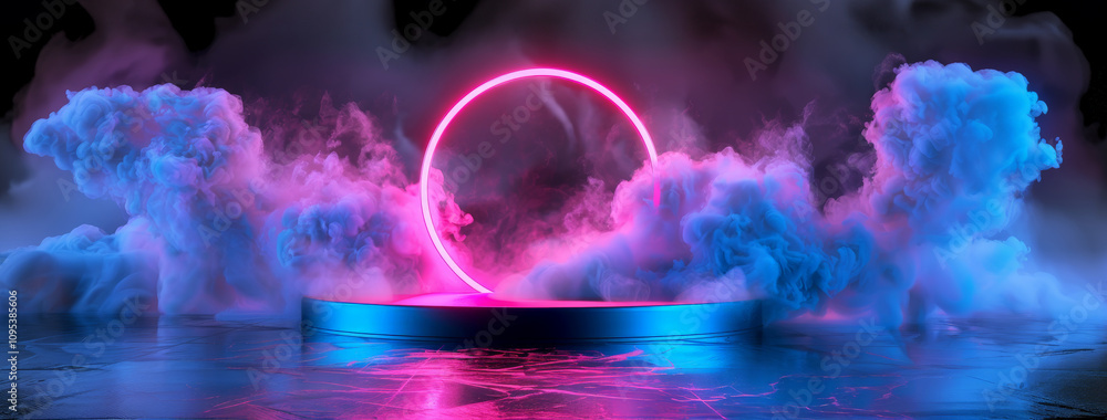 Obraz premium Abstract neon light podium with round linear neon frame. Circle stage with smoke and reflection on rough concrete wet floor