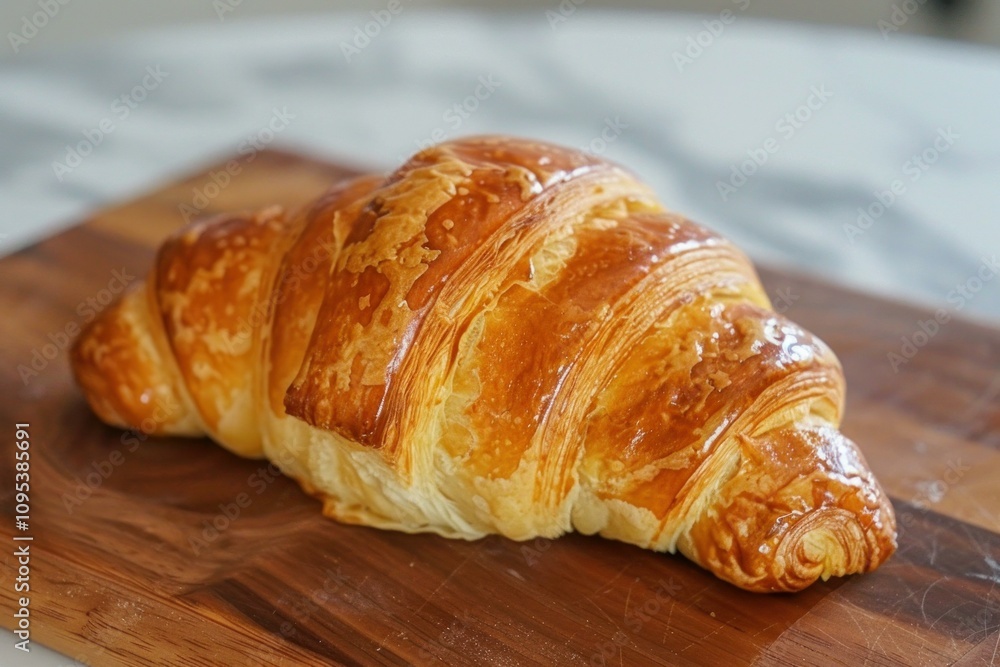 Freshly baked croissant showing off its flaky layers and golden color on a wooden cutting board Freshly baked croissant showing off its flaky layers and golden color on a wooden cutting board