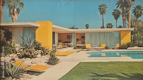 Mid-century modern house with pool, yellow walls, and palm trees.