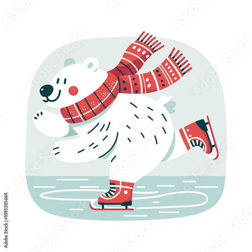 A polar bear in a red scarf is skating.