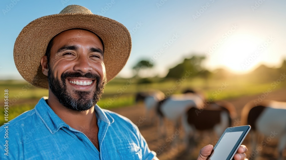 Fototapeta premium A smiling farmer in a straw hat and blue shirt holds a tablet in a farm setting at sunset, with several cows grazing peacefully in the background.