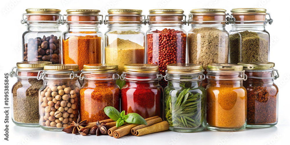 A variety of glass jars filled with colorful spices and herbs are organized in a kitchen. The jars contain ingredients like paprika, cinnamon, and basil, perfect for cooking A variety of glass jars filled with colorful spices and herbs are organized in a kitchen. The jars contain ingredients like paprika, cinnamon, and basil, perfect for cooking