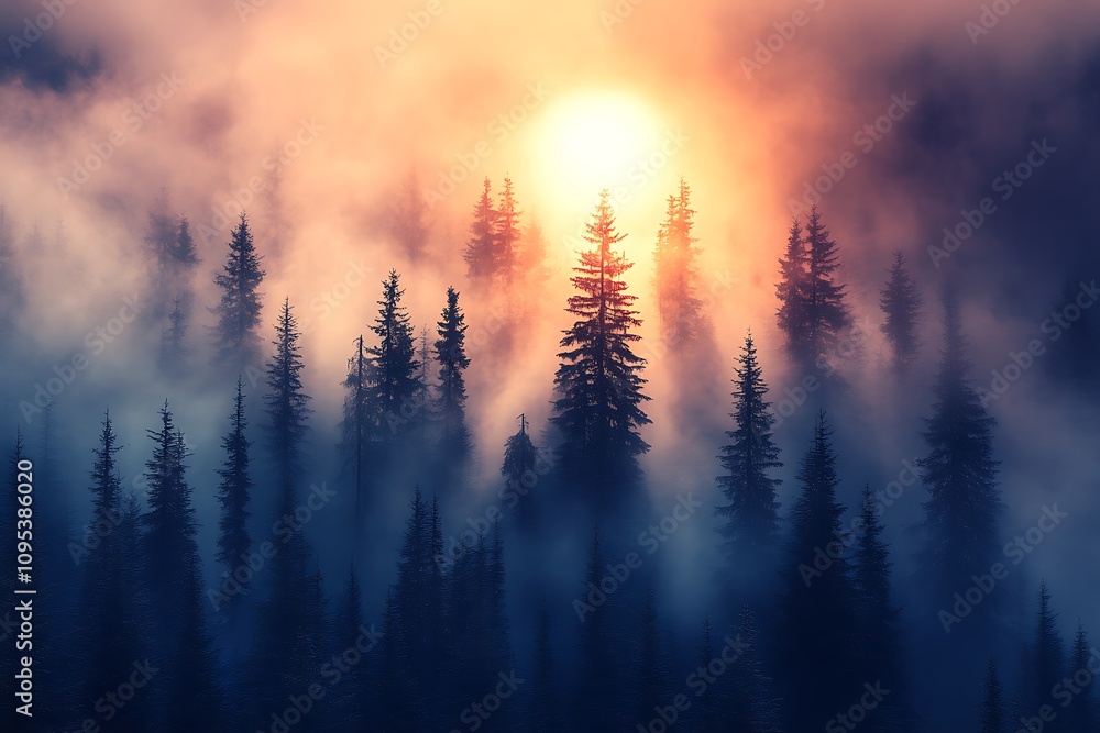 Fototapeta premium A serene forest scene with mist and sunlight filtering through tall trees.