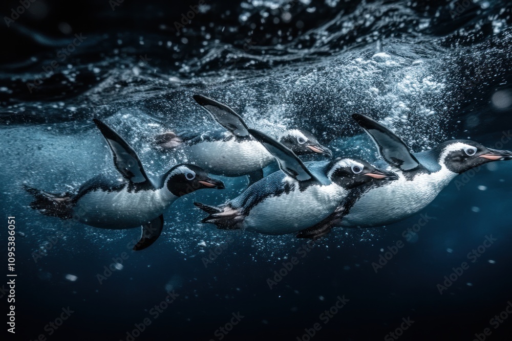 Obraz premium A group of penguins swim underwater in a dark blue sea. They are swimming in a line, with their heads above the water. There are air bubbles coming up from the water.