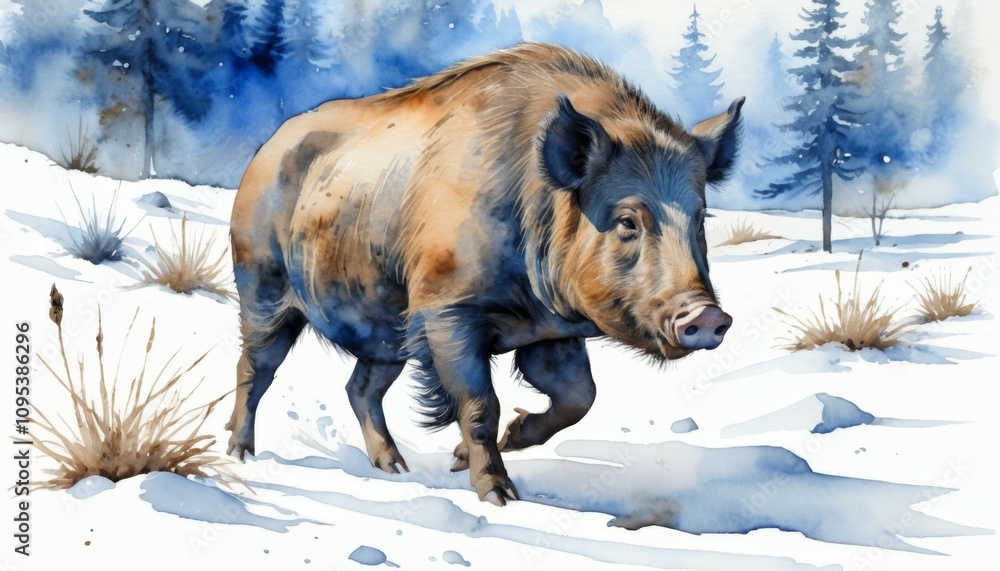 Watercolor illustration of a wild boar roaming through a snowy landscape with pine trees under a serene winter sky Watercolor illustration of a wild boar roaming through a snowy landscape with pine trees under a serene winter sky