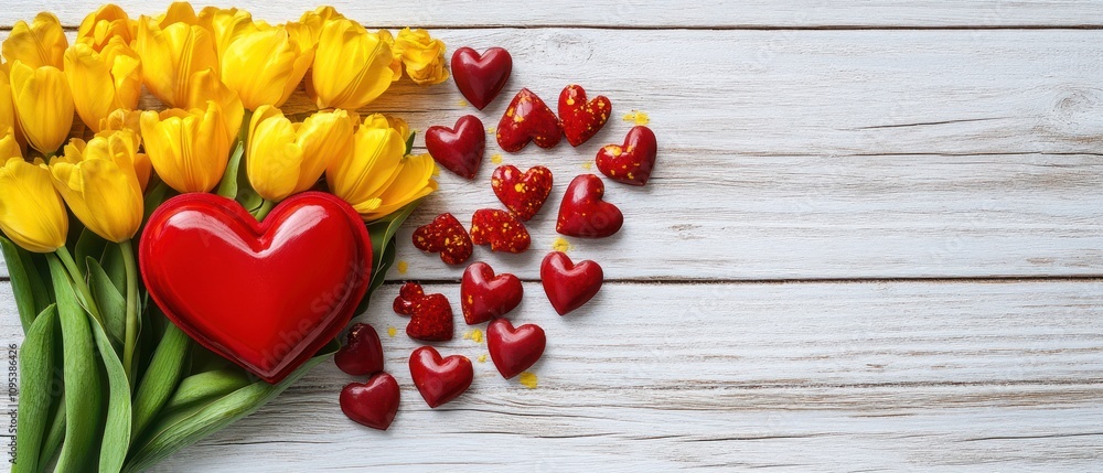 Yellow Tulips and Red Hearts on White Wood Yellow Tulips and Red Hearts on White Wood