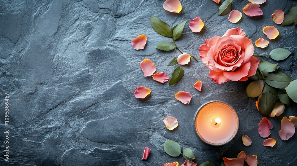 Rose petals, candle, and rose on dark stone background. Rose petals, candle, and rose on dark stone background.
