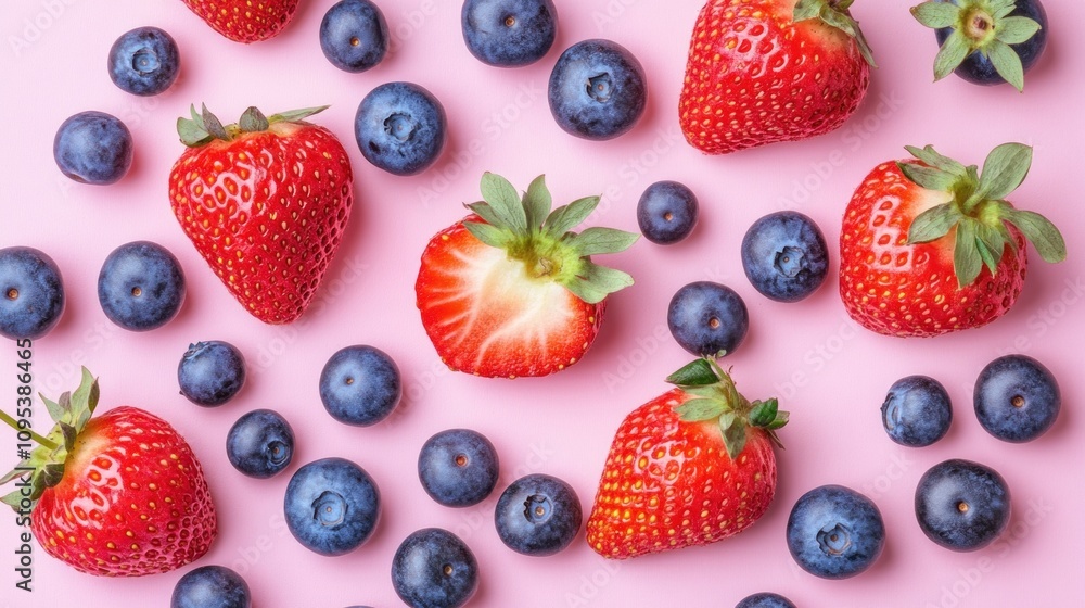 Fresh Strawberries And Blueberries Arranged On Pink Background Fresh Strawberries And Blueberries Arranged On Pink Background