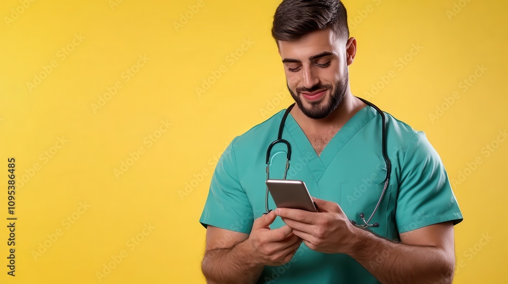 A smiling doctor in green scrubs looks at a smartphone, embodying the integration of technology in modern medicine and showcasing a positive work environment. A smiling doctor in green scrubs looks at a smartphone, embodying the integration of technology in modern medicine and showcasing a positive work environment.