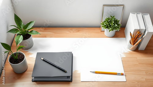 Work space Mock up white tabletop with files, pencils and houseplant. wood desk with copy space for products display montage isolated highlighted by white, png