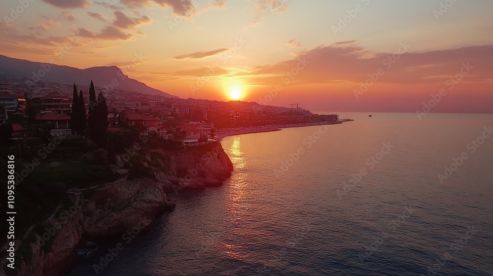Stunning sunset over coastal town, sea, and mountains. Stunning sunset over coastal town, sea, and mountains.