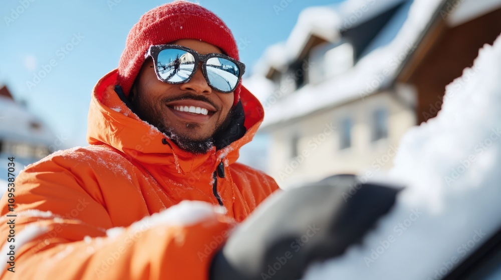 A man wearing a bright orange jacket delights in a snow-filled winter day, embodying joy and warmth, reflecting the cold scenery around him with mirrored sunglasses. A man wearing a bright orange jacket delights in a snow-filled winter day, embodying joy and warmth, reflecting the cold scenery around him with mirrored sunglasses.
