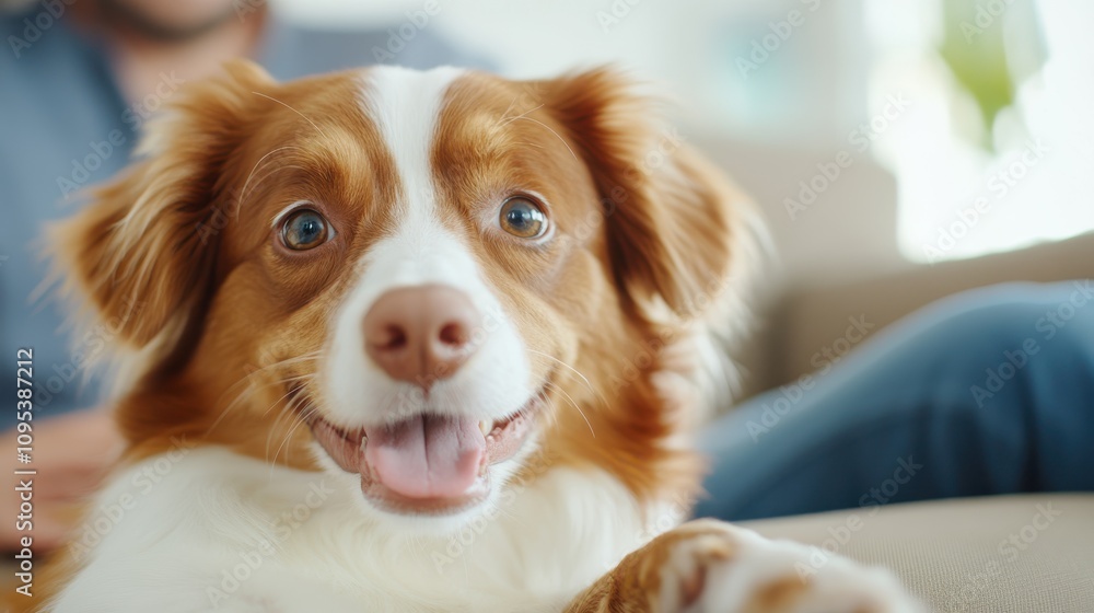 A dog displays a joyful expression while sitting comfortably at home, captured in a bright and relaxed setting that highlights companionship and happiness. A dog displays a joyful expression while sitting comfortably at home, captured in a bright and relaxed setting that highlights companionship and happiness.