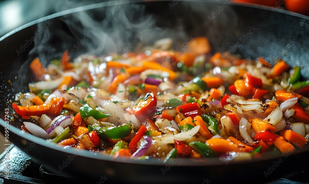A step-by-step visual of sautéed onions, carrots, and peppers being prepared A step-by-step visual of sautéed onions, carrots, and peppers being prepared