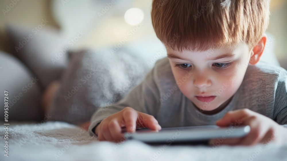 A young boy intently using a tablet while lying on a bed. A young boy intently using a tablet while lying on a bed.