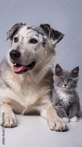 Dog and a cat are laying on a white surface