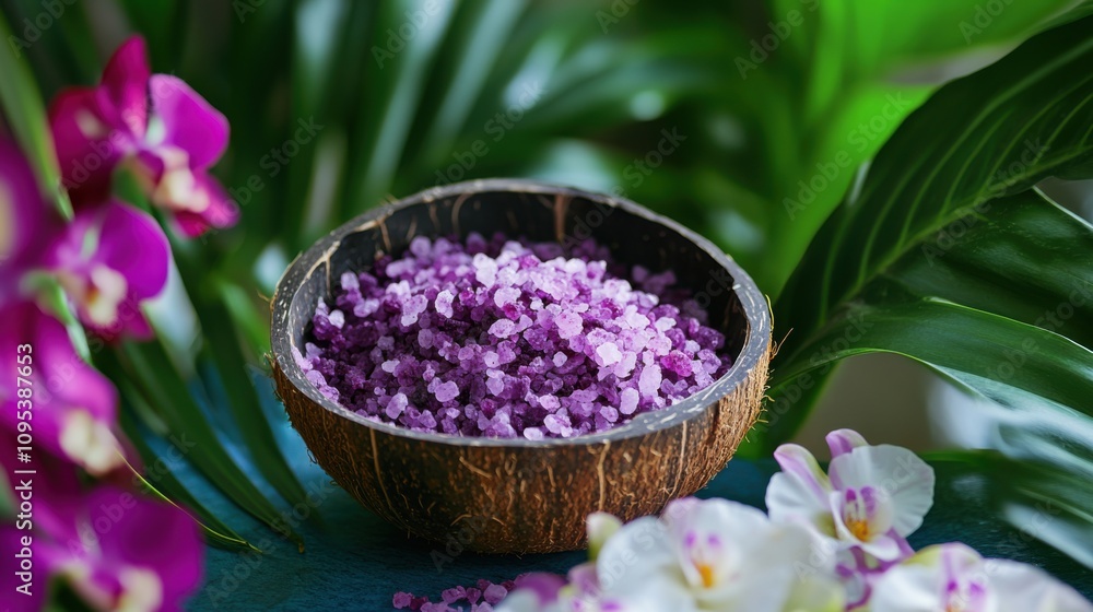 Tropical Spa Environment Featuring Pink Exfoliant in a Coconut Shell. Tropical Spa Environment Featuring Pink Exfoliant in a Coconut Shell.