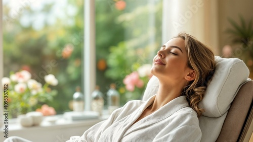 A beautiful woman in her 30s is sitting in a spa chair with a blissful expression. Shes wearing a white bathrobe. The background is a luxurious spa environment with soft lighting.