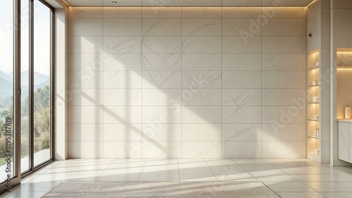 An empty spa wall with a modern design, featuring light-colored marble or ceramic tile. Soft natural lighting from a large window overlooking a serene landscape.