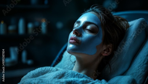 A woman is sitting in a spa chair with a mask on her face. The dark background creates dramatic shadows, while the light source highlights the womans face.