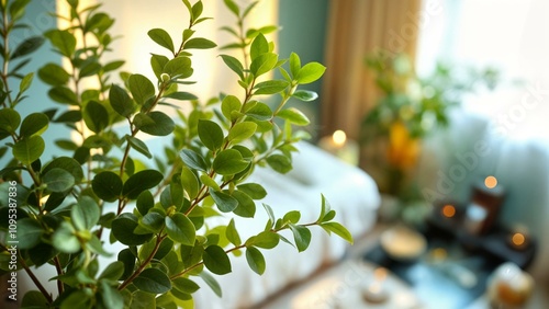 A spa interior with a focus on eucalyptus branches in a vase. Soft light, massage table, soothing walls, fountain.