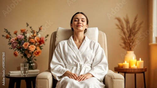A person sitting in a spa chair, enjoying a massage. The person is wearing a white bathrobe and has a relaxed expression on their face. In the background, there are elements of the spa decor.