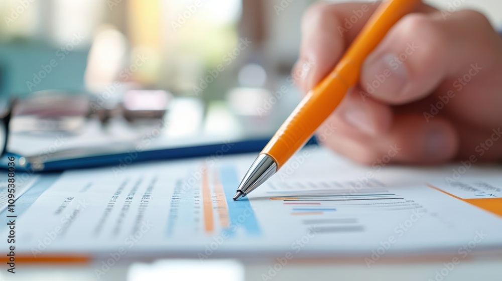 A close-up of a hand holding a pen while analyzing a financial report, with colorful graphs and numbers on a desk, representing business analysis and strategy. A close-up of a hand holding a pen while analyzing a financial report, with colorful graphs and numbers on a desk, representing business analysis and strategy.