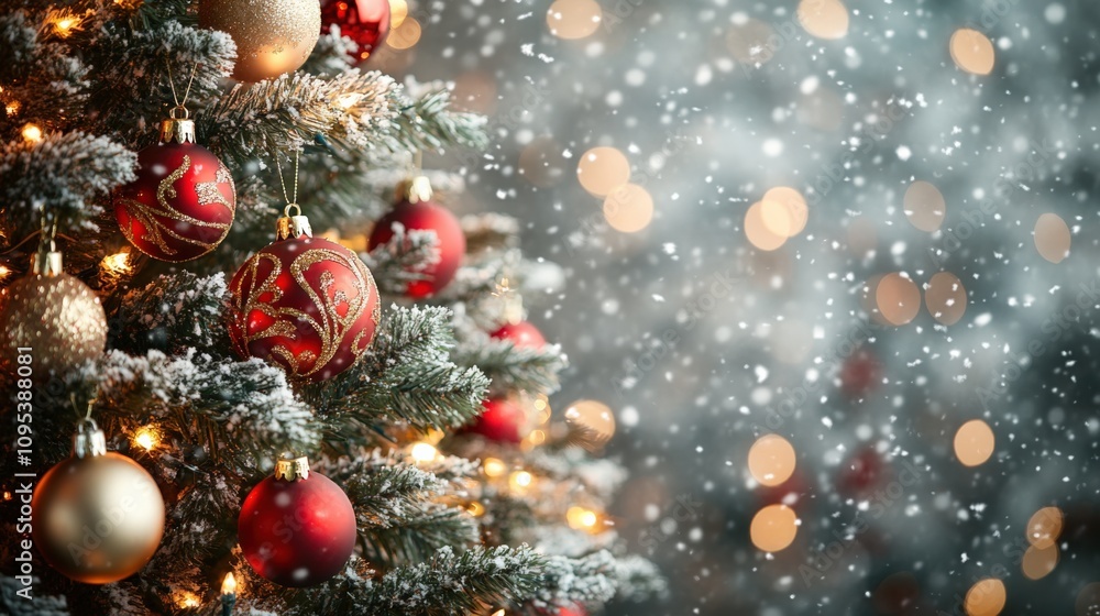 Sparkling Christmas Tree with Ornaments and Snowfall Background Sparkling Christmas Tree with Ornaments and Snowfall Background