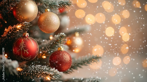 Festive Christmas Tree Ornaments with Snowfall and Bokeh Lights